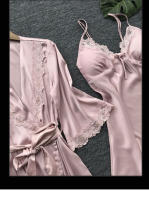 Conjunto De Pijamas Para Mujer Leepwear 2PCS Satinado Con Camisola De Encaje Y Bata De Noche V-Neck Longitud Pierna Completa Estilo Básico Para Novia - details 10