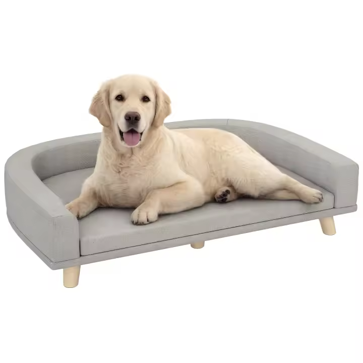 PawHut Sofá para Perros Grandes 98x67x25 cm Cama Elevada para Perros Tapizada con Cojín Lavable y Patas de Madera de Pino Carga 30 kg Gris Claro - 1