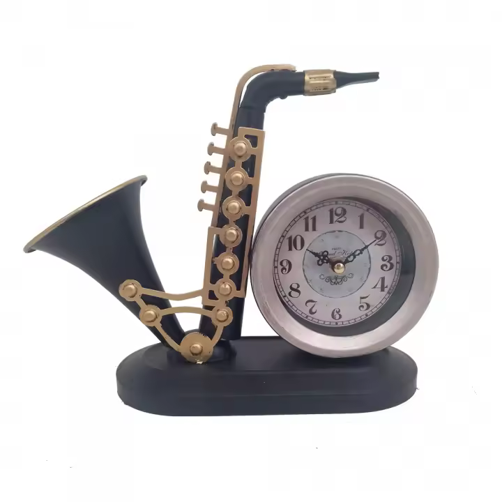 CAPRILO REGALOS & DECORACIÓN Reloj Decorativo de Mesa de Metal y Cristal "Saxofón Retro". Adornos y Esculturas. Regalos Originales. Decoración Hogar. 26,50 x 10 x 21 cm - 1