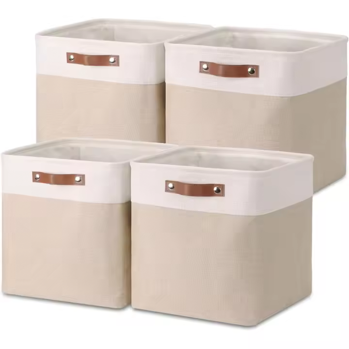 Cajas de almacenamiento plegables, 28 cm, cestas de almacenamiento de tela tejida de lino con asas de cuero, 4 unidades - 1