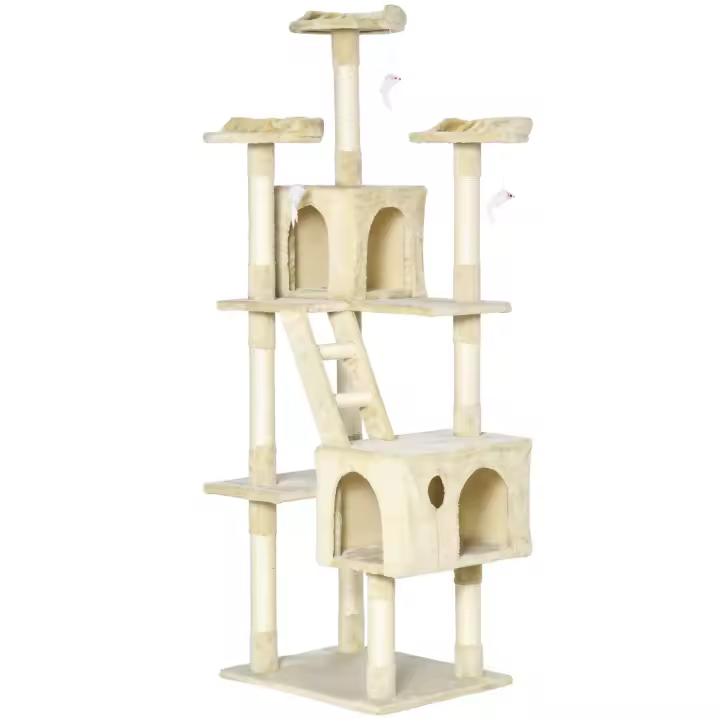 PawHut Rascador Árbol para Gatos Grande 60x49x180 cm con Poste de Arañar Múltiples Plataformas Escaleras Cuevas Juguetes Centro de Actividades Beige - 1
