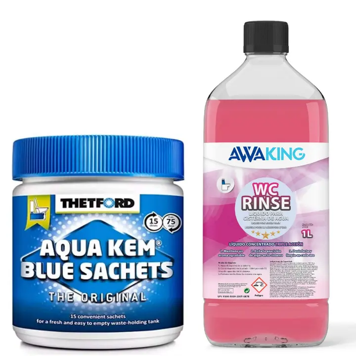 Aqua KEM Blue Sachets + Awaking Rinse 1L, Liquido WC Quimico Autocaravanas y Cisterna, Liquido Baño Portatil Camping,Camper,plantawa,Potti,Aguas Negras Autocaravanas,Depósito Residuos - 1