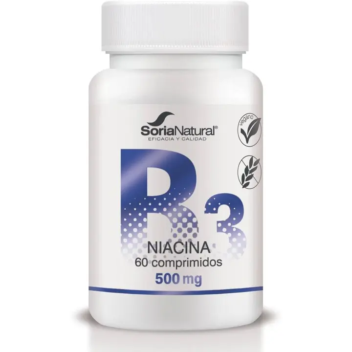 Vitamina B3 Niacina Liberación Sostenida - Soria Natural Energía y Metabolismo Saludable - Salud Cardiovascular y Cerebral - Liberación Sostenida MÁXIMA ABSORCIÓN - 60 comprimidos - 1