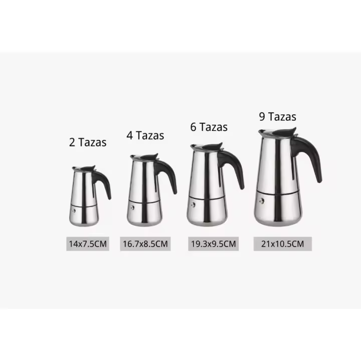 Cafetera Italiana en acero inoxidable para espresso 2, 4, 6, 9 TAZAS 100ML, 200ML, 300ML, 450ML Compatible con gas, vitrocerámica y estufa eléctrica. Uso doméstico y oficina. Cafetera Moka - 1