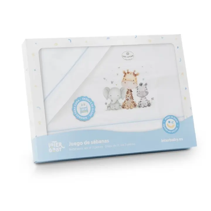 Sabanas Capazo Bebe Coche Moises Algodon 100 % Bajera ajustable, Sabana encimera y Funda de Almohada Jirafa Elefante Interbaby - 1