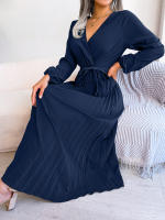Vestido Largo Elegante Para Mujer Con Cuello En V Manga Larga Pleated Maxi Con Cinturón Estilo Casual De Pierna Larga - details 36
