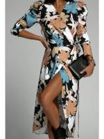 Vestido De Mujer Moda Cuello En V Manga Larga Estampado Cintura Ajustable Falda Asimétrica Abertura Frontal Largo Hasta El Tobillo Para Banquete Y Reuniones - details 1