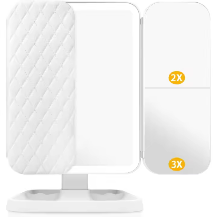 Espejo de maquillaje con 52 luces LED de 3 colores, espejo triple con aumento de 1X/2X/3X, espejo regulable con pantalla táctil, rotación libre ajustable de 90° - 1