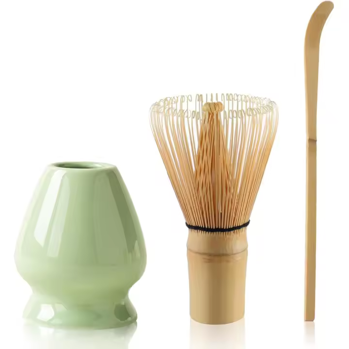 Matcha Tea Set Bamboo Matcha Whisk, Ceramic Whisk Holder, Tea Scoop, Japanese Matcha Tea Tool Kit Set of 3(Pink) - 1