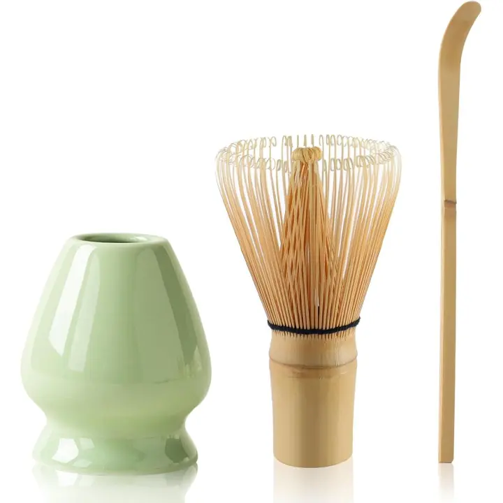 Matcha Tea Set Bamboo Matcha Whisk, Ceramic Whisk Holder, Tea Scoop, Japanese Matcha Tea Tool Kit Set of 3(Pink) - 1