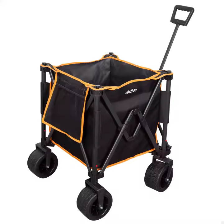Aktive - Carro playa plegable, carrito de transporte, con ruedas desmontables, giratorias 360º y con frenos, mango multiángulo y 1 bolsillo, máx. 80 kg de carga, espacioso y versátil, de acero y poliéster, diseño plegable, incluye funda - 1