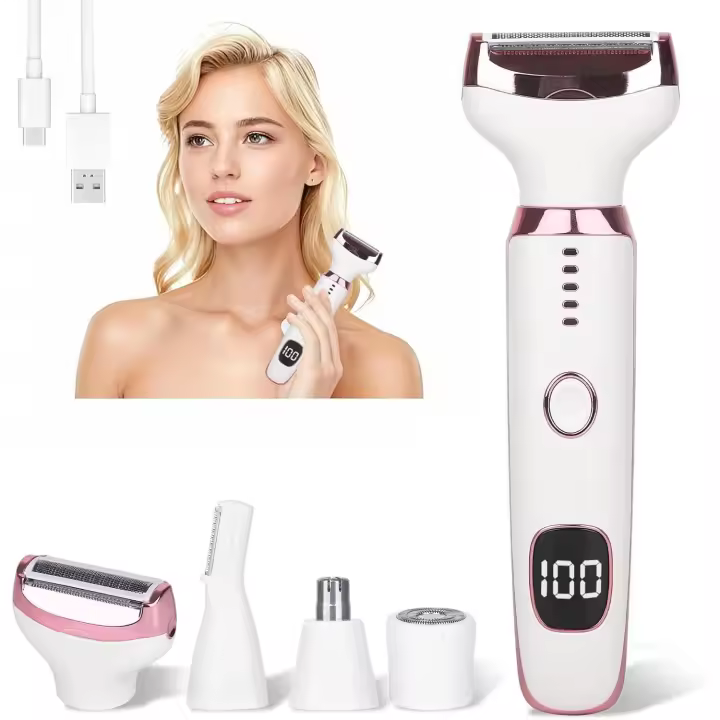 Afeitadora eléctrica unisex 4 en 1 indolora para mujeres - Afeitadora en seco y húmedo - Depiladora facial - con pantalla LED - Kit de depilación recargable - Para vello de nariz, rostro, cuerpo, piernas, línea del bikini y brazos (blanco) - 1