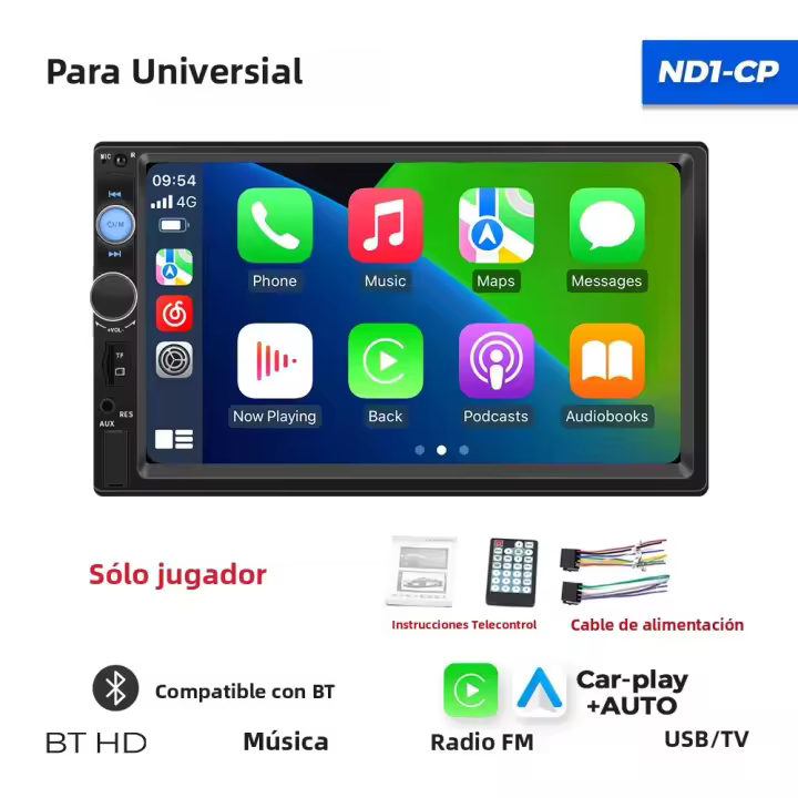 Reproductor Multimedia Para Coche Universal 7 Pulgadas 2 Din CarPlay Android Auto Pantalla Táctil Completa USB TF Soporte Para Control Del Volante - 1