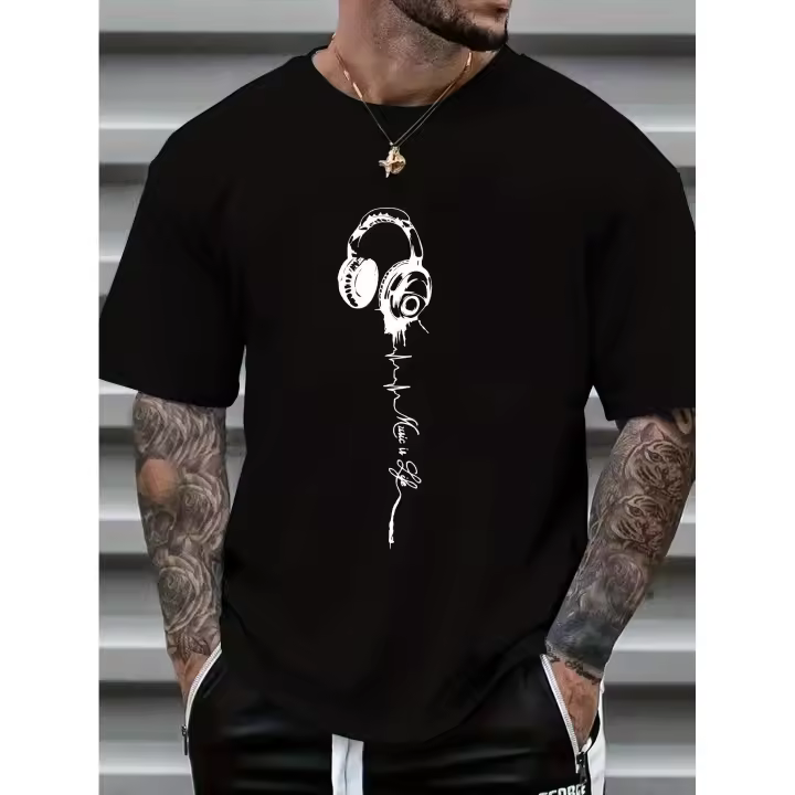 Men's Music Print Short Sleeve T-Shirts, Comfy Casual Elastic Crew Neck Tops, Men's Clothing,100% Cotton - 1