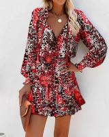 Vestido Mini De Mujer Primavera Moda Con Estampado Floral Manga Larga Cuello V Estilo Casual Vestido De Manga Farol Con Volantes Cintura Ajustada - details 3