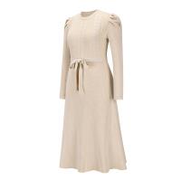 Vestido Casual Diario Para Mujer Con Mangas Burbuja Cintura Alta Ajustada Y Volante Medio Largo De Tejido Knit Moda Avanzada Y Única - details 20