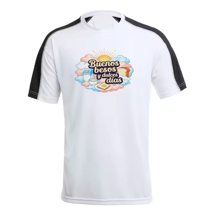 MERCHANDMANIA CAMISETA técnica franja mangas NEGRA frase bonita besos amor san valentin aniversario desayuno dulce dia tshirt - 1