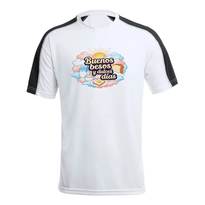 MERCHANDMANIA CAMISETA técnica franja mangas NEGRA frase bonita besos amor san valentin aniversario desayuno dulce dia tshirt - 1