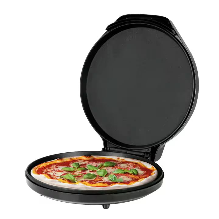 Horno grill eléctrico Jocca para pizzas de hasta 30.5 cm en 5 - 8 minutos con dos placas de revestimiento antiadherente muy fáciles de limpiar, temperatura regulable y 1450W de potencia en un elegante diseño compacto negro. - 1