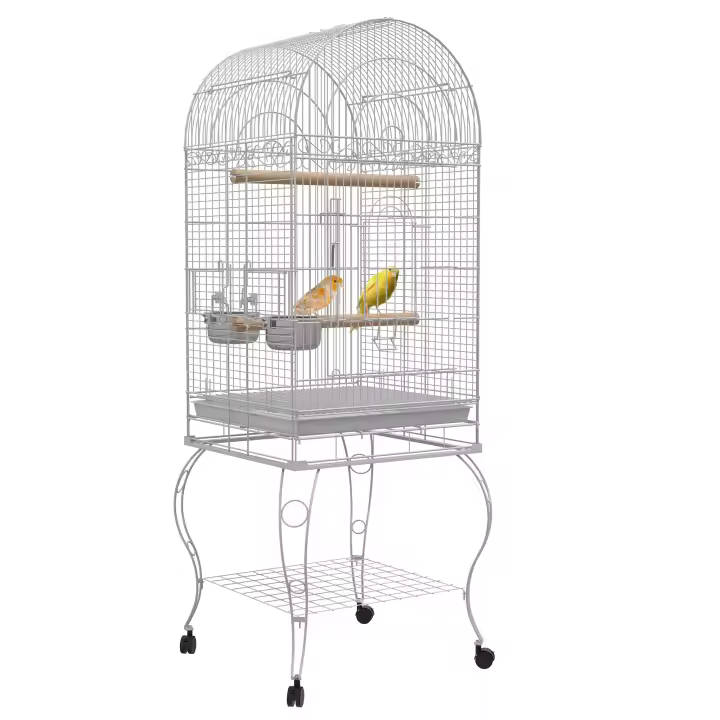 PawHut Jaula de Pájaros con Ruedas Jaula de Aves Exterior con Bandeja Extraíble Rejilla 2 Cuencos de Acero Inoxidable Estante y Percha para Periquitos Canarios 51x51x153 cm Blanco - 1