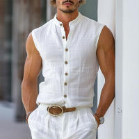 Camisa INCERUN Para Hombre De Color Sólido Cuello Erguido Sin Mangas Botones Estilo Casual Verano Moda Streetwear Tallas S-5XL - details 3