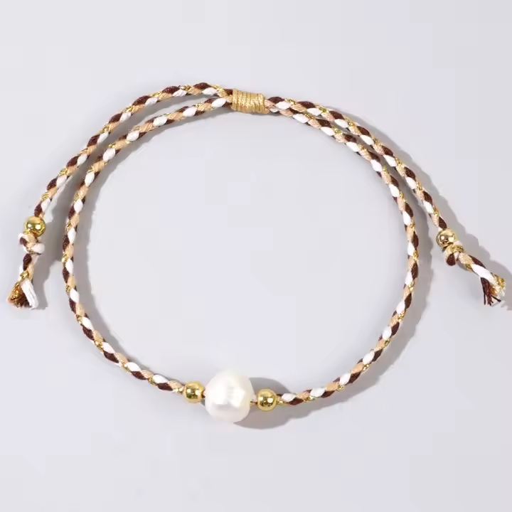 Pulsera Bohemia Para Mujer Hecha a Mano Con Hilo De Algodón De 4mm Y Cuentas De Cobre Y Perla Blanca Joyería Estilosa Para El Día - 1