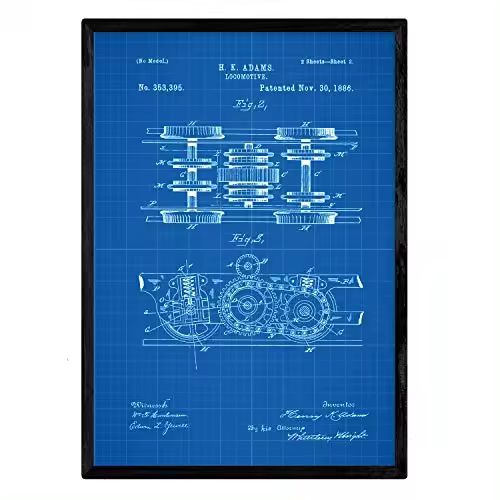 Nacnic Poster Con Patente De Locomotora 3. Lámina Con Diseño De Patente Antigua En Y Con Fondo Azul - 1