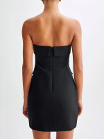 Vestido Mini Elegante Sin Hombros Trasero Abierto A-line Para Mujer Con Botón Y Bolsillo Vestido De Noche Veraniego Sexy Para Fiesta Vestido Bodycon De Polyester - details 3