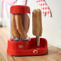 Máquina de perritos calientes de la marca Jocca en color rojo con capacidad para cocinar 6 salchichas al vapor en un compartimento extraíble y barra de acero inoxidable para calentar el pan - details 1