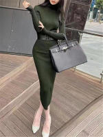 Vestido De Térmica Otoño Invierno Para Mujer Seoulish Con Cuello Alto Y Manga Larga Cinturado Estilo Elegante Oficina Longitud Rodilla Ajustado Bodycon - details 5