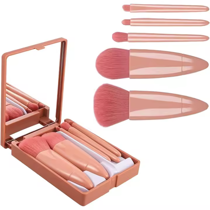 Juego de 5 brochas de maquillaje con estuche de espejo, brochas de maquillaje portátiles, brochas de maquillaje cosméticas suaves, brochas de maquillaje para viajes, rubor diario (rosa) - 1