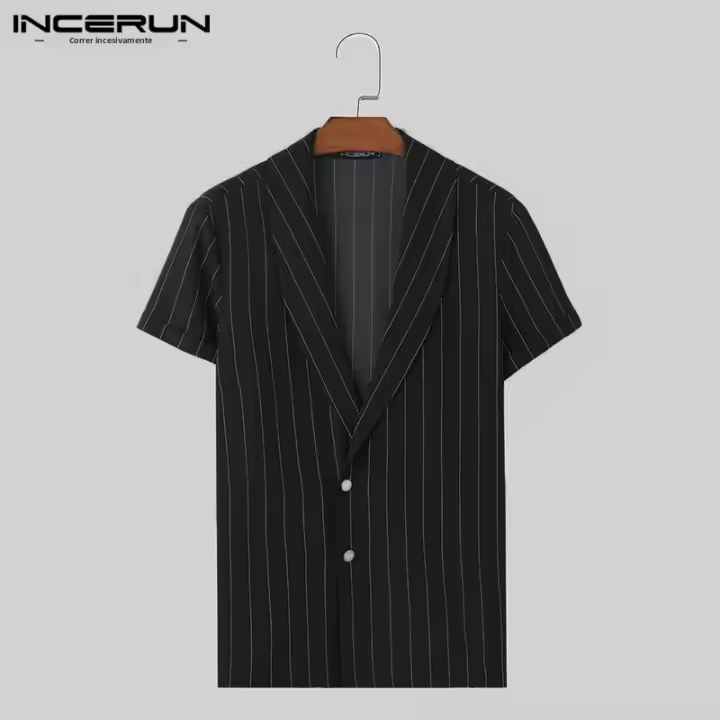 Camisa De Verano Para Hombre INCERUN Moda Corta Cuello V Casual Striped Top Para Calle Ropa Unisex Botones Talla S-5XL - 1