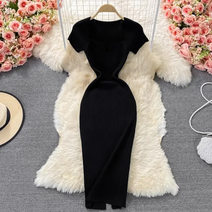Vestido Elegante De Mujer YuooMuoo Primavera Verano 2025 Cuello Cuadrado Blanco Negro Suéter Bodycon Estilo Oficina Lady Longitud De Rodilla - 1