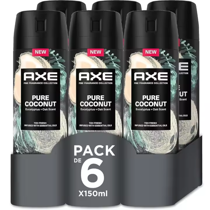 Axe Desodorante para Hombre Bodyspray Premium Pure Coconut 150ml (Pack de 6) - Tecnología Dual Action, Fórmula sin aluminio, Componente Zinc Complex 6 que evita el mal olor, Huele irresistible a coco y eucalipto durante 48 horas - 1