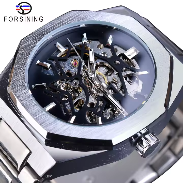 Reloj Mecánico Para Hombre Forsining Steampunk Con Diseño Esqueleto Hollow Dial Negro Resistente Al Agua Acero Inoxidable Fashion Casual - 1