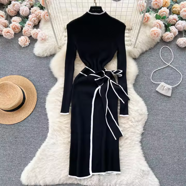 YuooMuoo Vestido Bodycon De Punto Elegante En Caqui Y Negro Para Mujer Estilo Lady Oficina Ajustado Con Cinta Y Abertura Al Final De Otoño E Invierno - 1