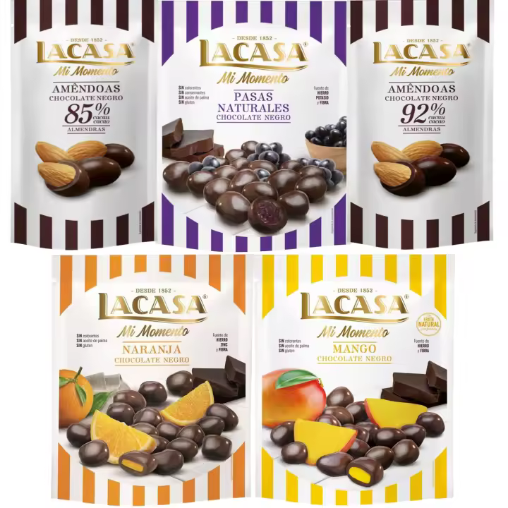 Lacasa Mi Momento pack de 5:Almendra 92% ,Almendra 85% ,Pasas Chocolate Negro ,Naranja Chocolate Negro ,Mango Chocolate Negro - 1