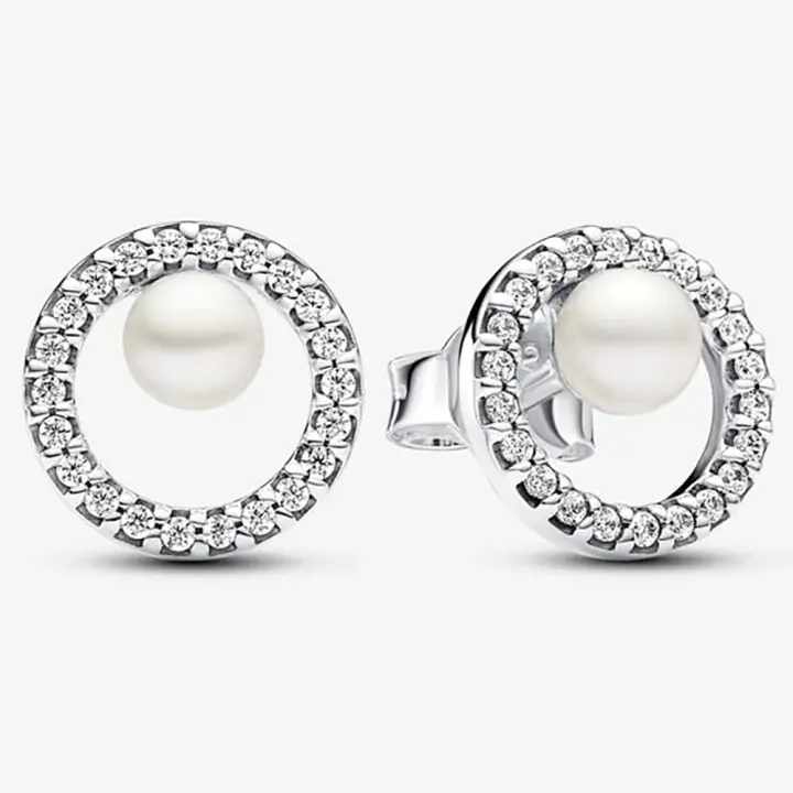 Pandora Pendientes de Botón en Plata de Ley Pearl y Halo Brillante，Incluye Caja Original - 1