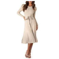 Vestido Casual Diario Para Mujer Con Mangas Burbuja Cintura Alta Ajustada Y Volante Medio Largo De Tejido Knit Moda Avanzada Y Única - details 1
