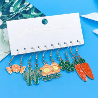 5 Pares De Pendientes Colgantes De Aleación De Zinc Con Diseño De Zanahoria Flor Y Cactus Para Niñas Joyas Moda Y Encanto - details 3