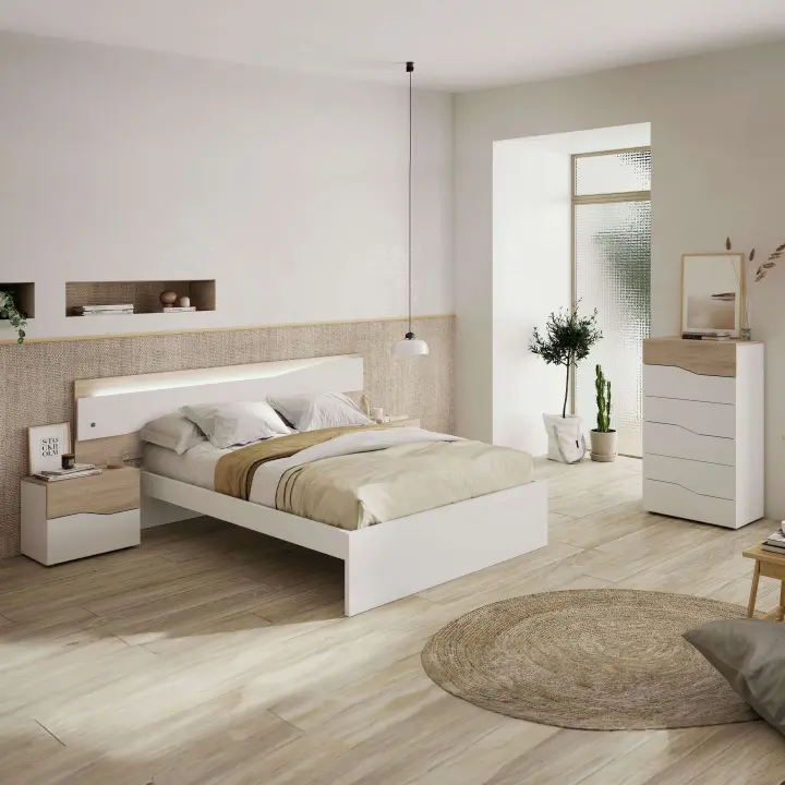 Pack de Muebles de Dormitorio Asimetric en Color Blanco y Robke Sahara formado por Cabecero, 2 Mesitas de 2 o 3 Cajones y Cómoda - 1