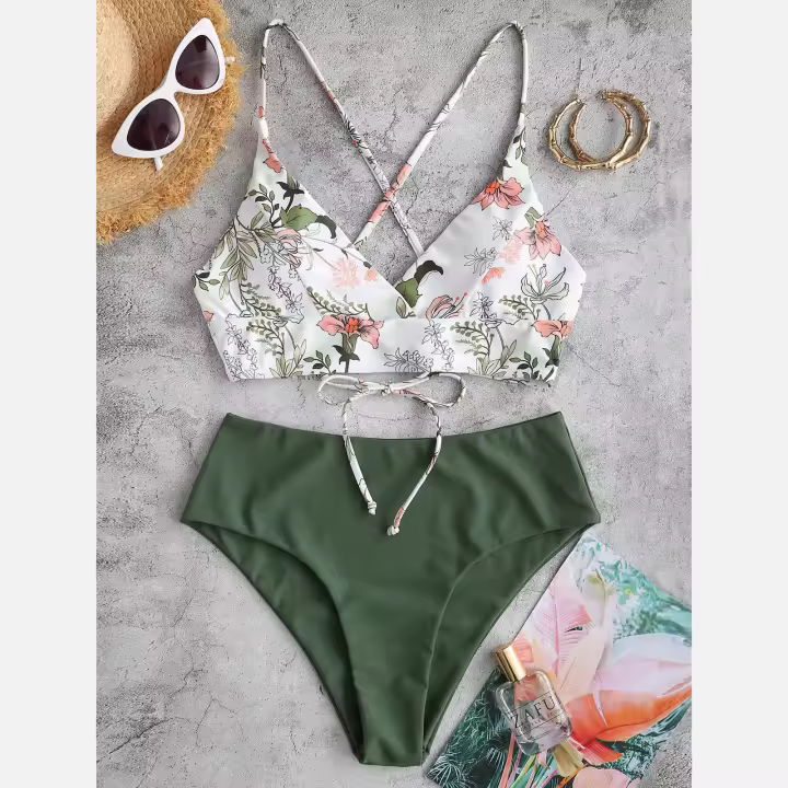 Bikini de dos piezas con estampado floral para mujer Estilo de playa Cintura baja sin cables - 1