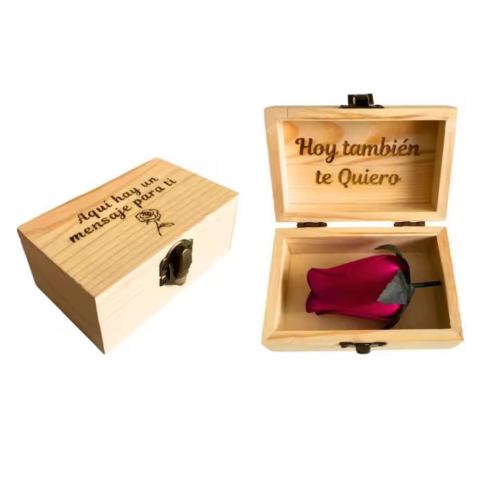 Producmar Cajita de madera con detalle de Rosa con mensaje grabado "Hoy también te quiero" ideal para regalo - Caja detalle cofre con mensaje para familiares, amor o amistad - 1