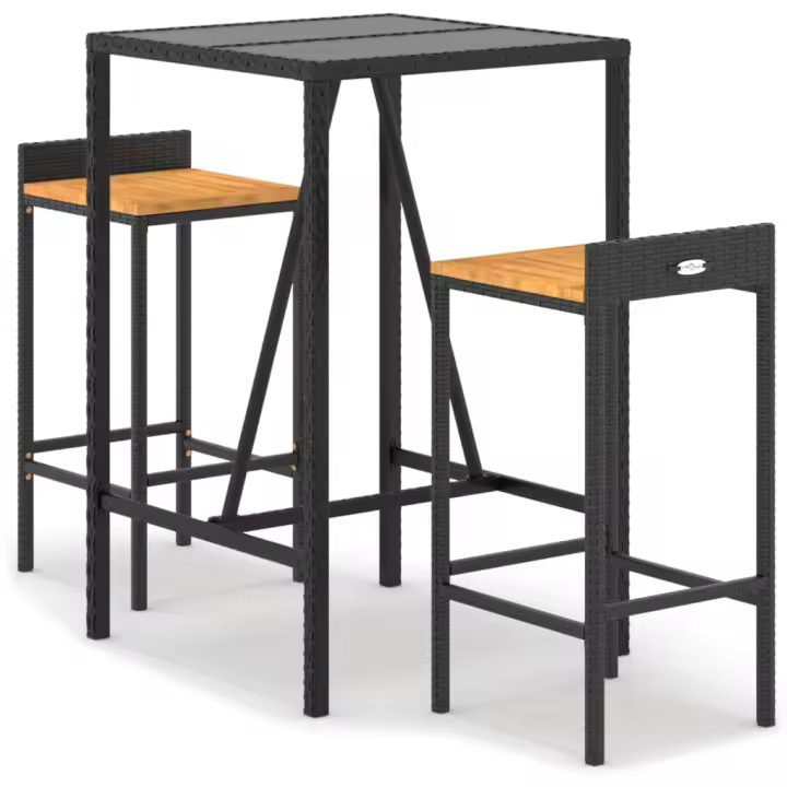 vidaXL Mesa bar y taburetes jardín 3 pzas madera acacia ratán PE negro - 1