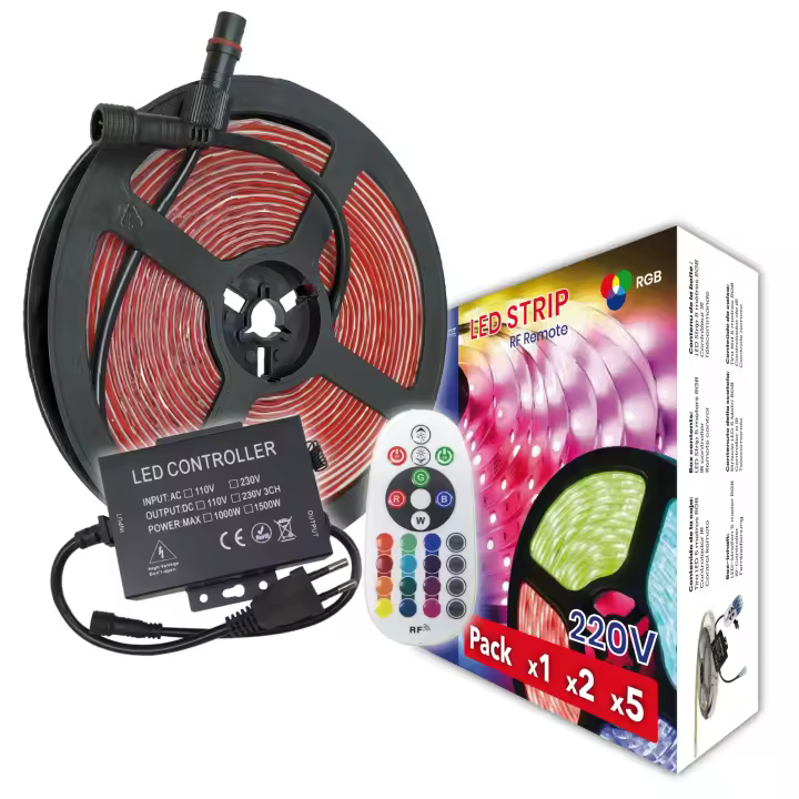 KIT de 5 metros de Tira de Luz LED RGB Directa a 220v con Controlador y Mando RF. Color RGB Impermeable. Corte cada 12,5cm. - 1