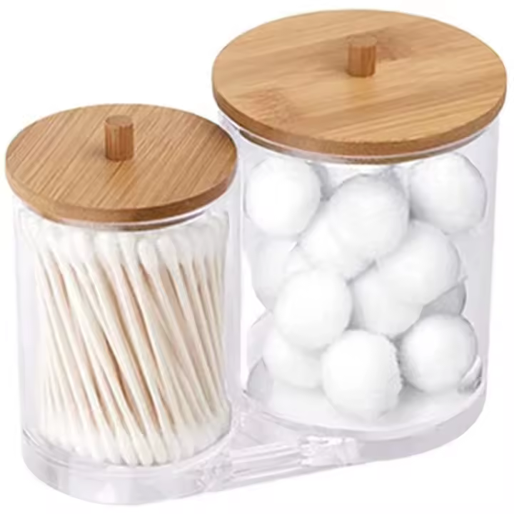 Soporte para almohadillas de bastoncillos de algodón con tapas de bambú, Qtip soporte acrílico, dispensador de bolas de algodón, almohadilla redonda de algodón - 1
