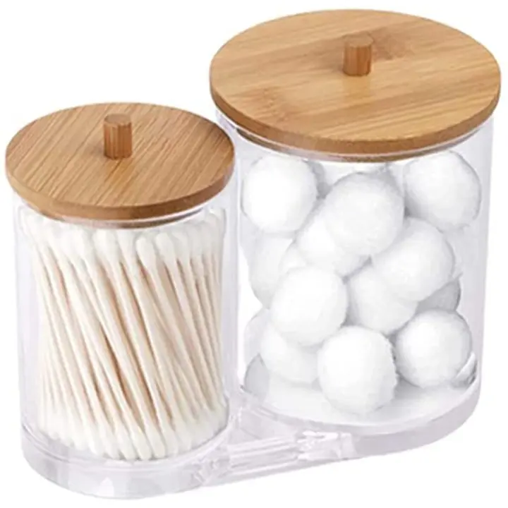 Soporte para almohadillas de bastoncillos de algodón con tapas de bambú, Qtip soporte acrílico, dispensador de bolas de algodón, almohadilla redonda de algodón - 1