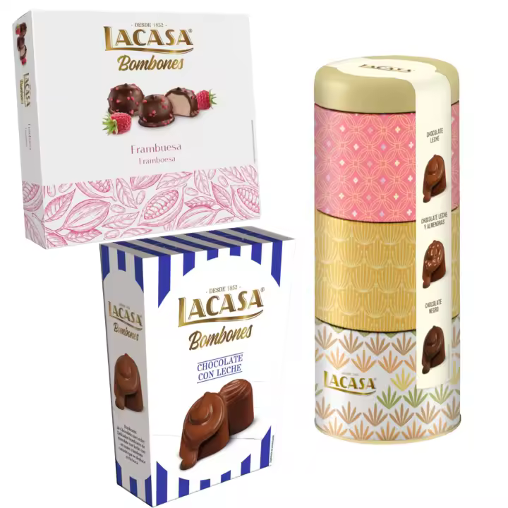 Pack Lacasa bombones chocolate con leche 72 G & bombones surtido lata 180 G & bombones frambuesa 200 g - 1