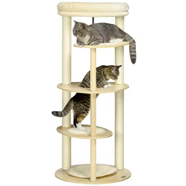 PawHut Árbol Rascador para Gatos de Madera 123,5 cm Torre Escalador para Gatos con Múltiples Plataformas Cama Desmontable y Cojines Ø54x123,5 cm Roble - 1