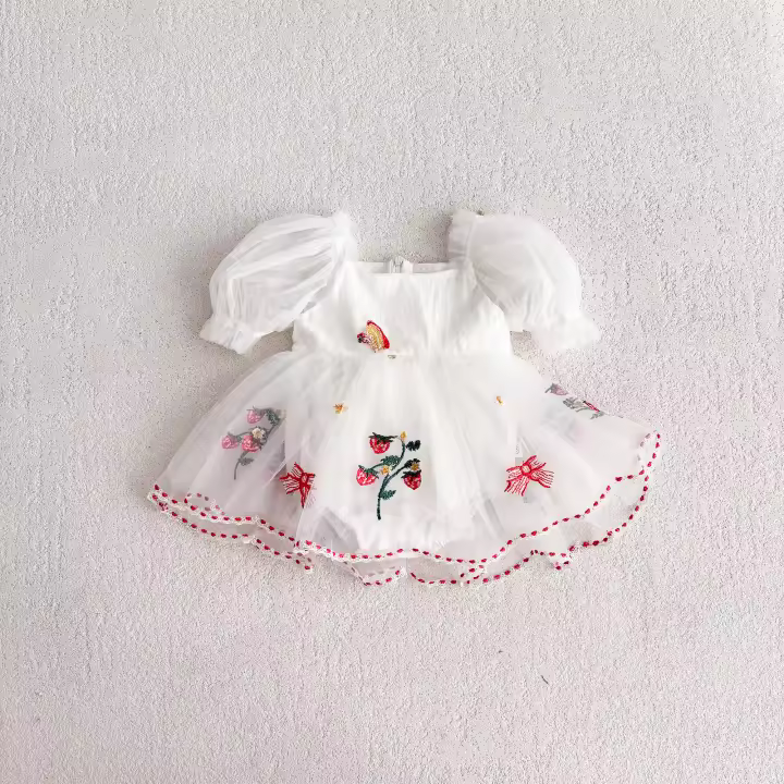 Vestido De Princesa Para Bebé Verano Con Manga Puff Y Gran Lazo Bordado De Fresa Falda Enredadera Para Niñas Ropa De Salir - 1